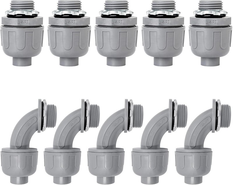 Feotech 10 Pack 3/4 Inch Liquid Tight Connectors - PVC Electrical Conduit Fittings, Straight, 90 and 180 Degree Non-Metallic Flexible Connectors for Home, Bathroom, and Kitchen, Gray - Image 1
